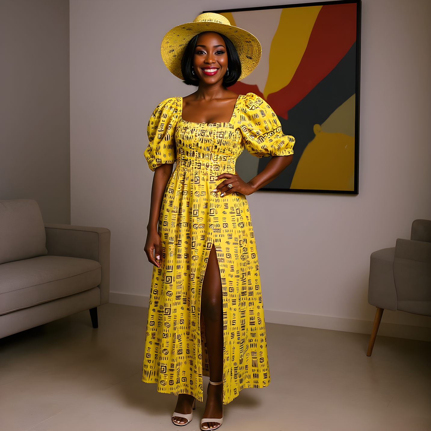 3pc Yellow Print African Slit Dress and Hat Set