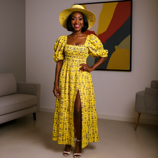 3pc Yellow Print African Slit Dress and Hat Set
