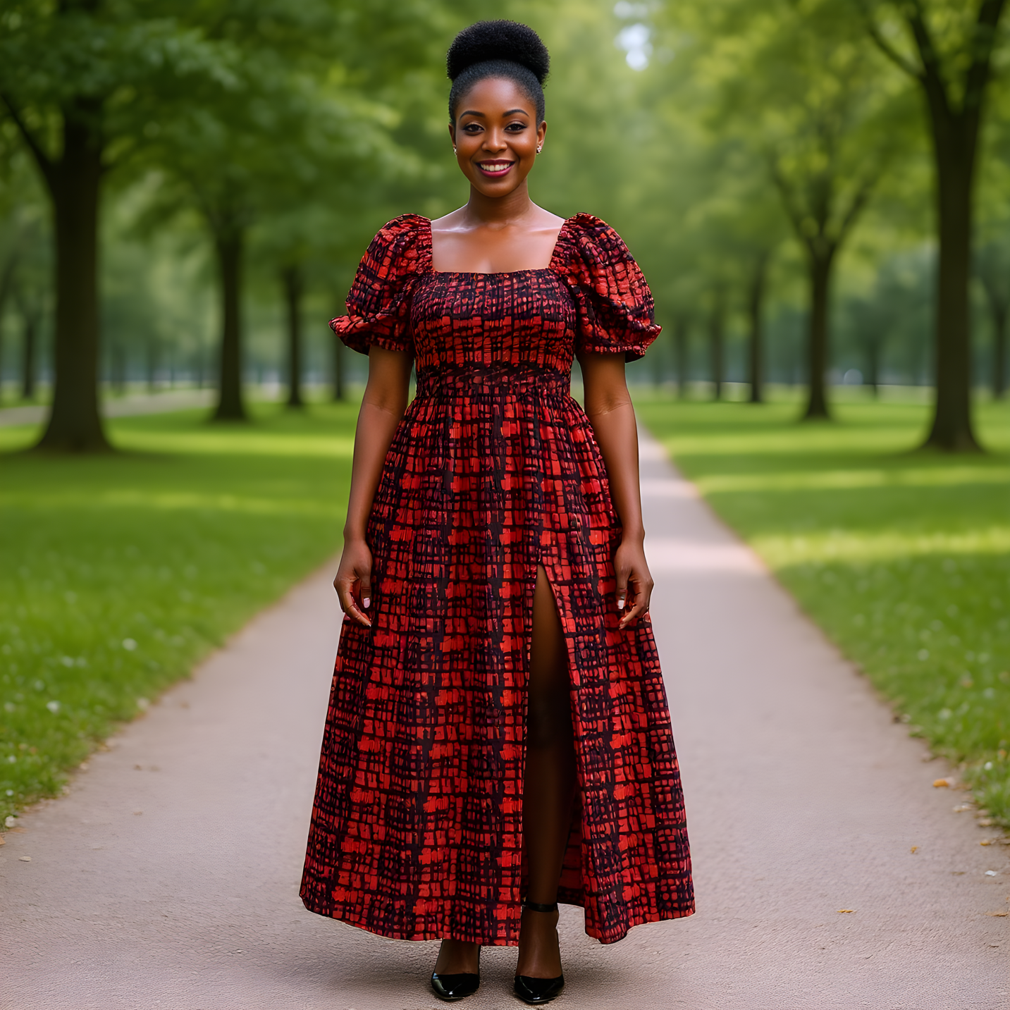 3pc Red Print African Slit Dress and Hat Set