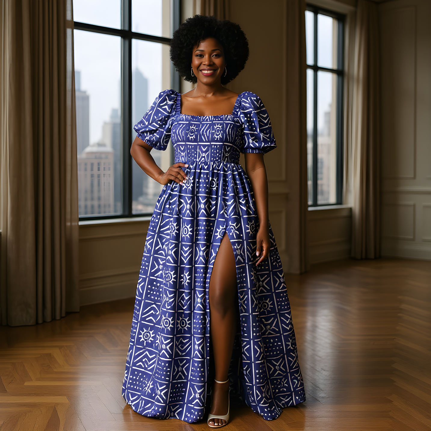 3pc Blue Print African Slit Dress and Hat Set