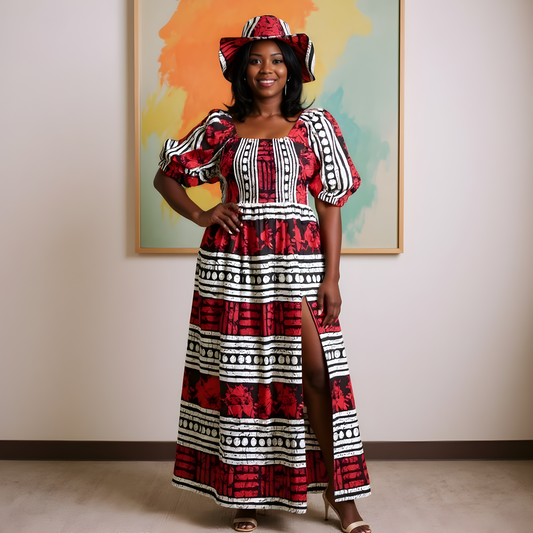 3pc Black/White/Red Print African Slit Dress and Hat Set