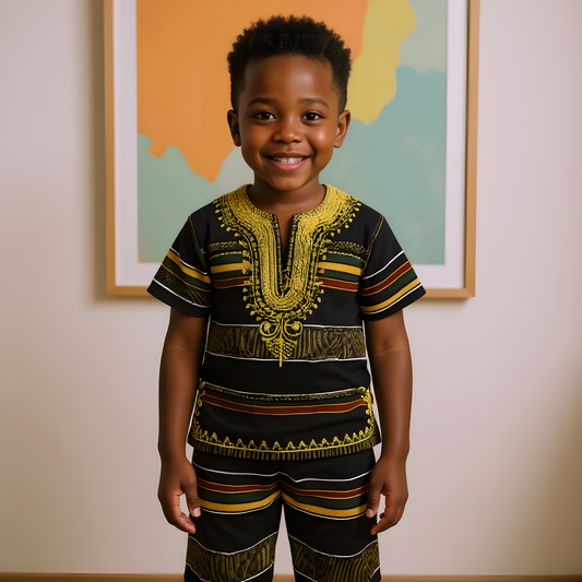 Boy's African Black Dashiki Print Pants Set