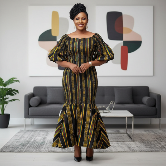 African Print Long Dark Kente Print Maxi Dress