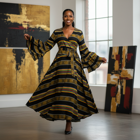 African Print Long Dark Kente Print Maxi Wrap Dress