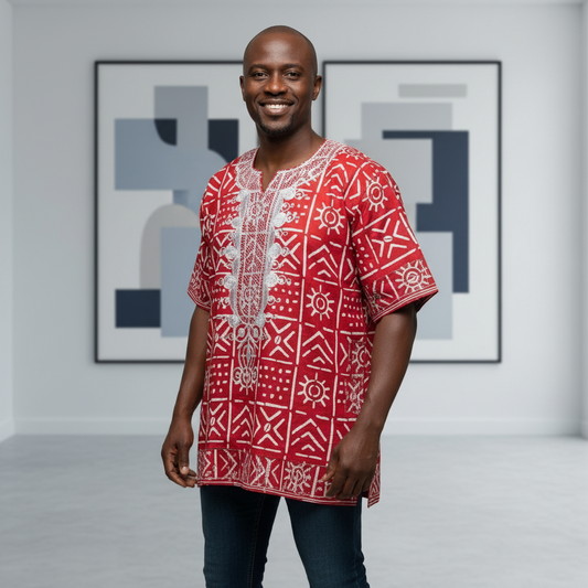 Men's African Red & White Print Dashiki