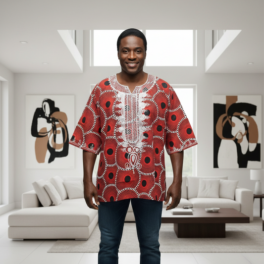 Men's African Red Circular Print Dashiki