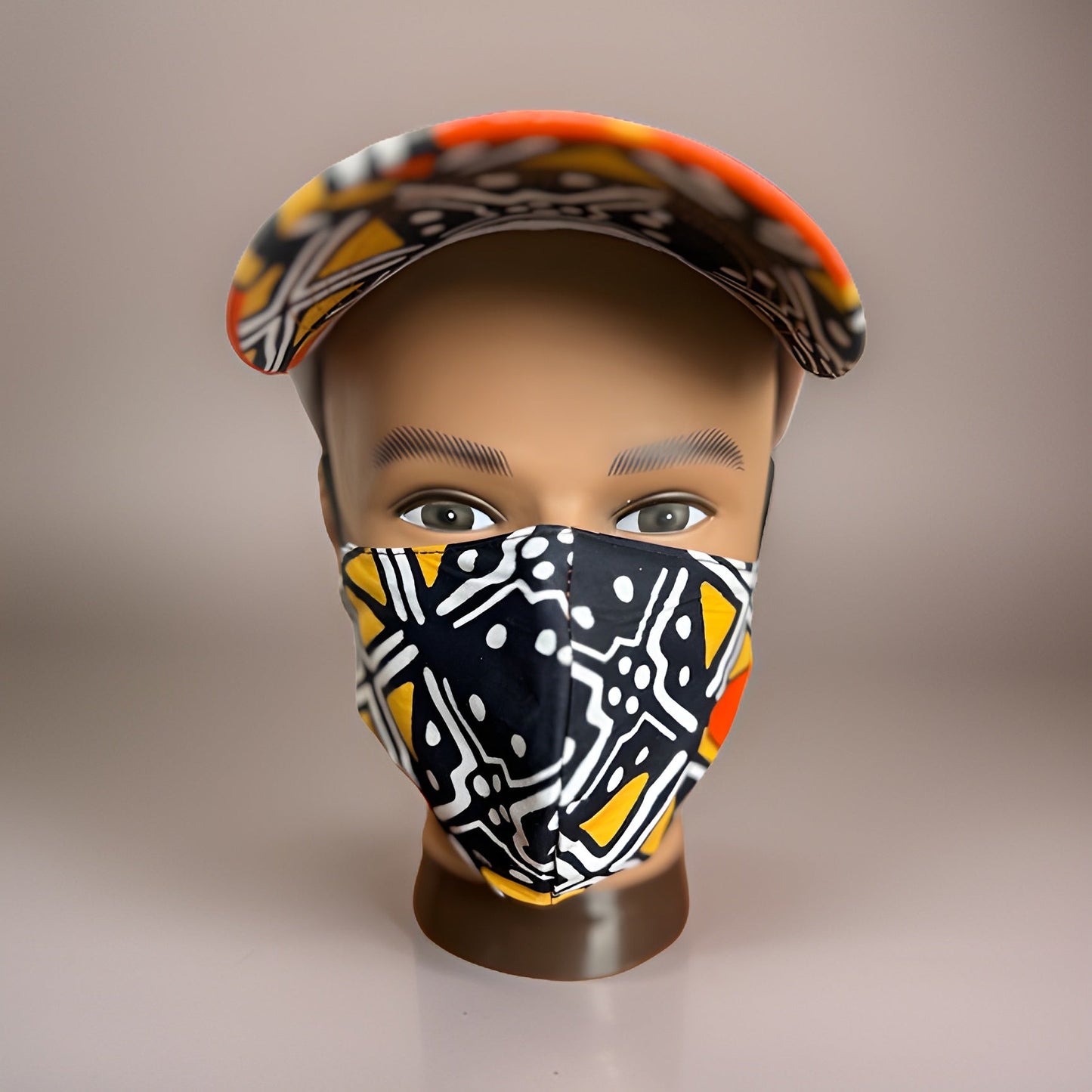 Orange/Black African Print Baseball Cap with Matching Mask - Premium African Accessories from MAGOS - Just $18! Shop this and more African Accessories now 