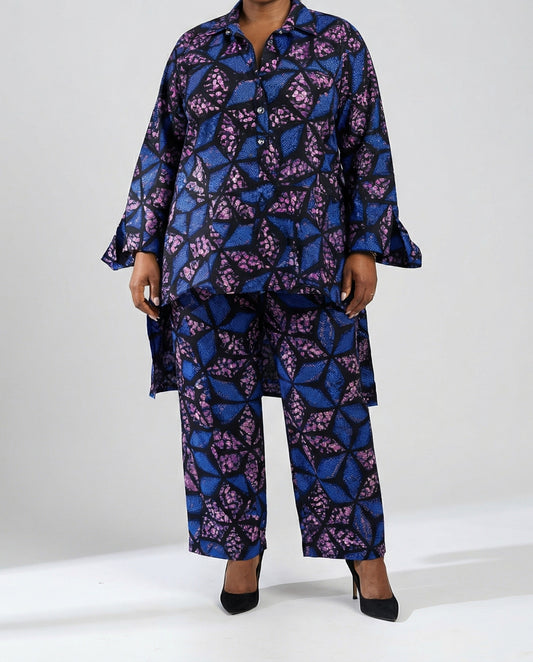 Blue & Purple Ankara Print Two-Piece Pants Set