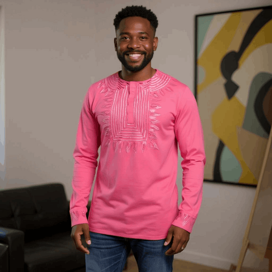 Pink T'Challa African Print Embroidered Long Sleeve Dashiki Shirt