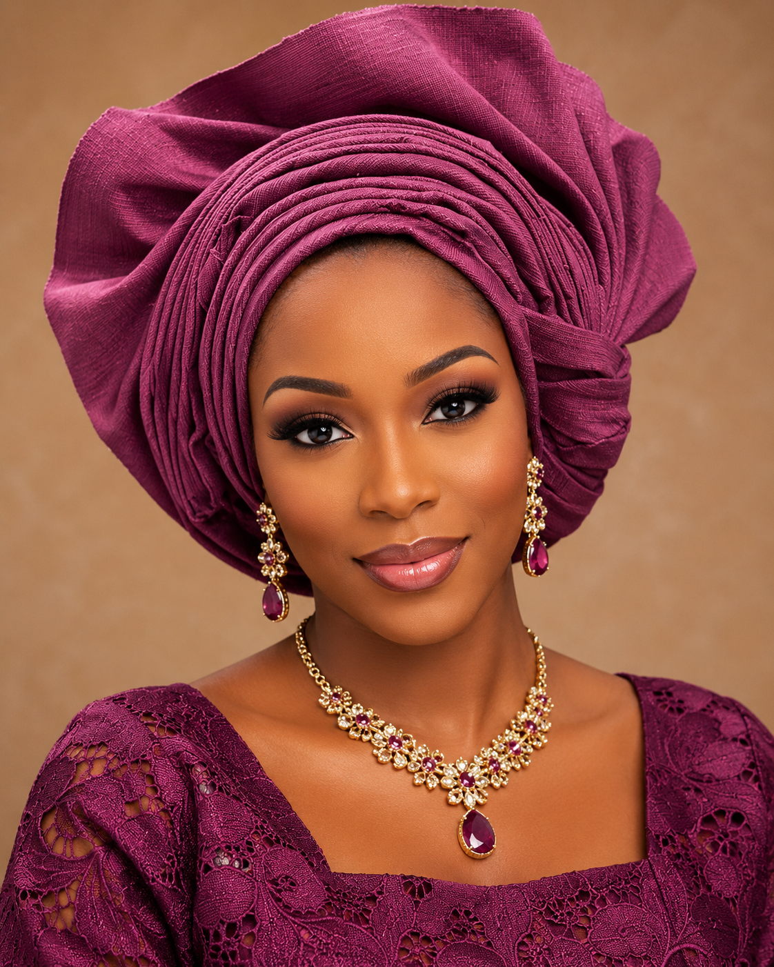 A woman wearing a rich magenta-purple lace top, a matching pleated headwrap, and a gold necklace with purple gemstones, set against a solid tan background.
