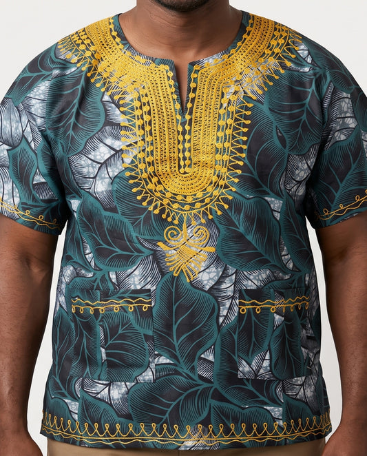 Traditional African Dashiki Shirt – Teal, Gray, Gold & Black