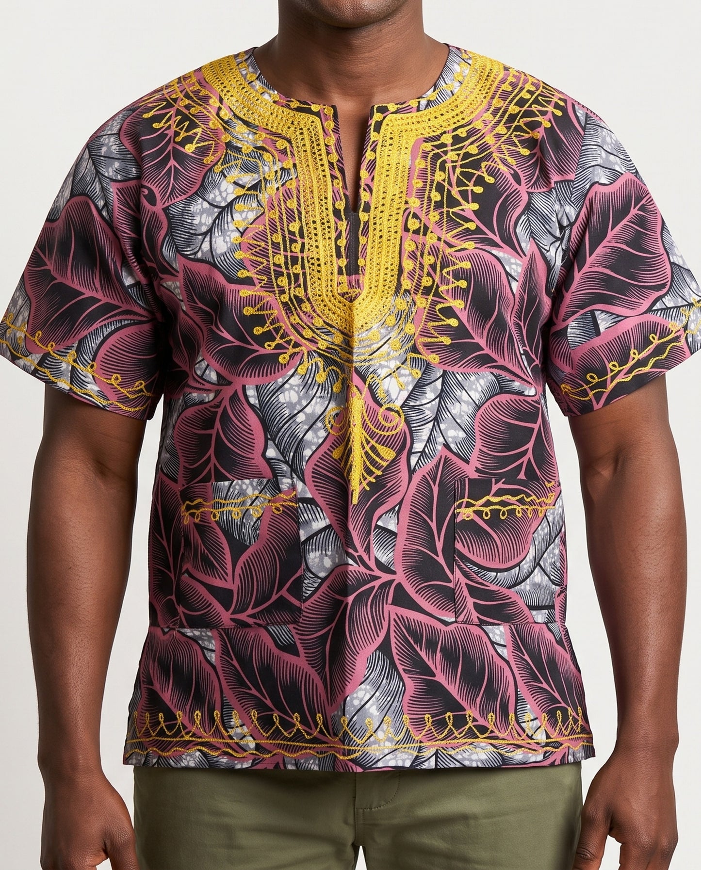 Traditional African Dashiki Shirt – Pink, Gray, Gold & Black