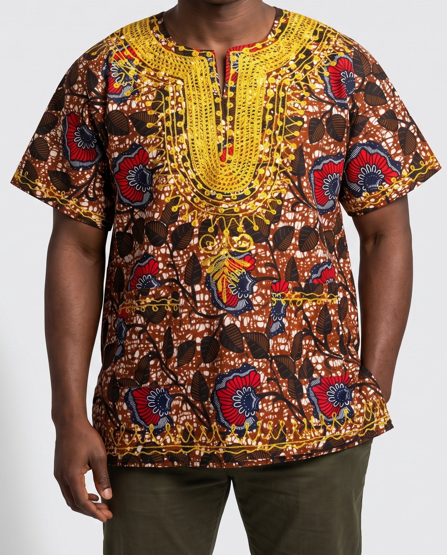 Traditional African Dashiki Shirt – Brown, Red, Gold & Navy