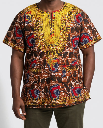 Traditional African Dashiki Shirt – Brown, Red, Gold & Navy