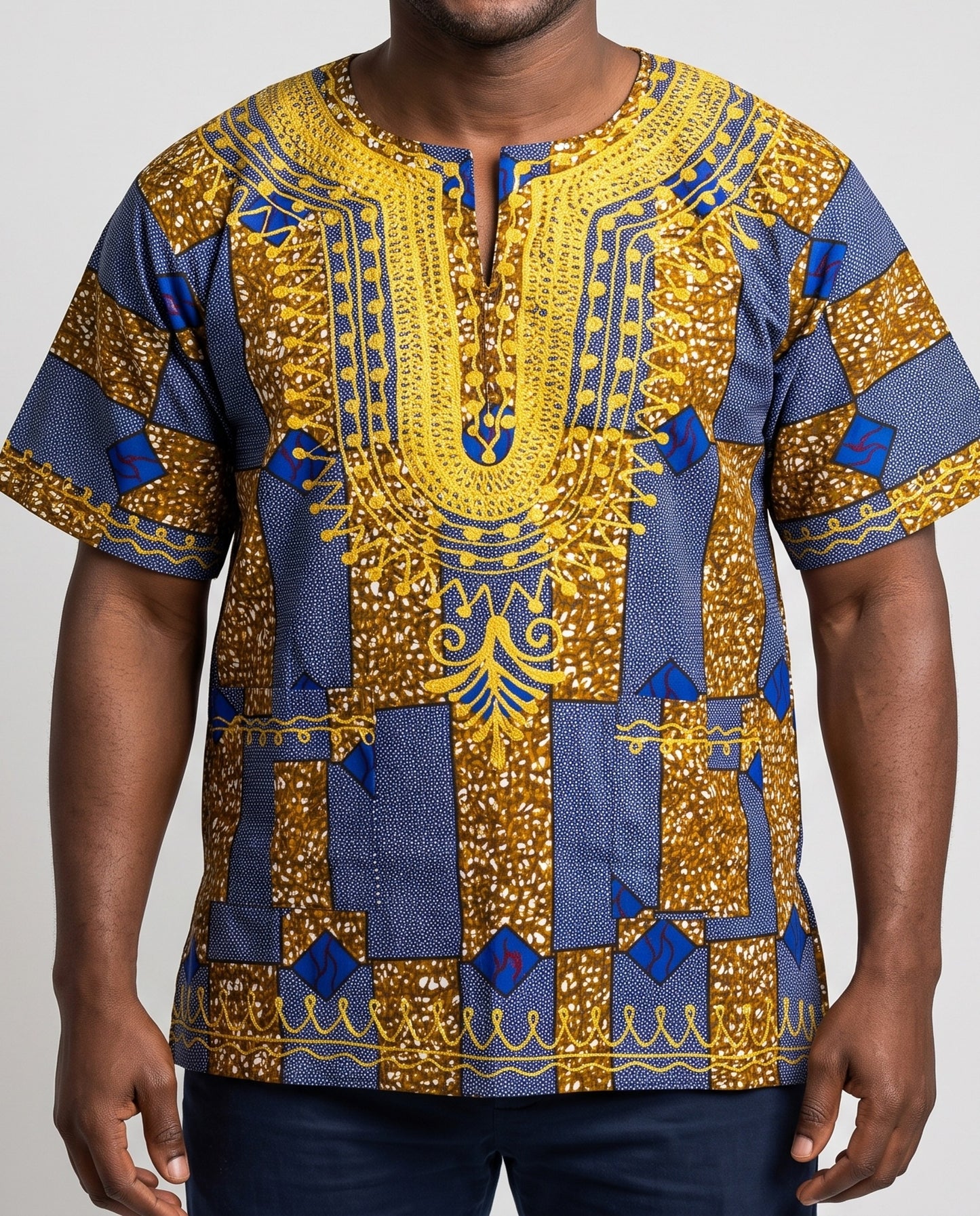 Traditional African Dashiki Shirt – Blue, Gold & Brown