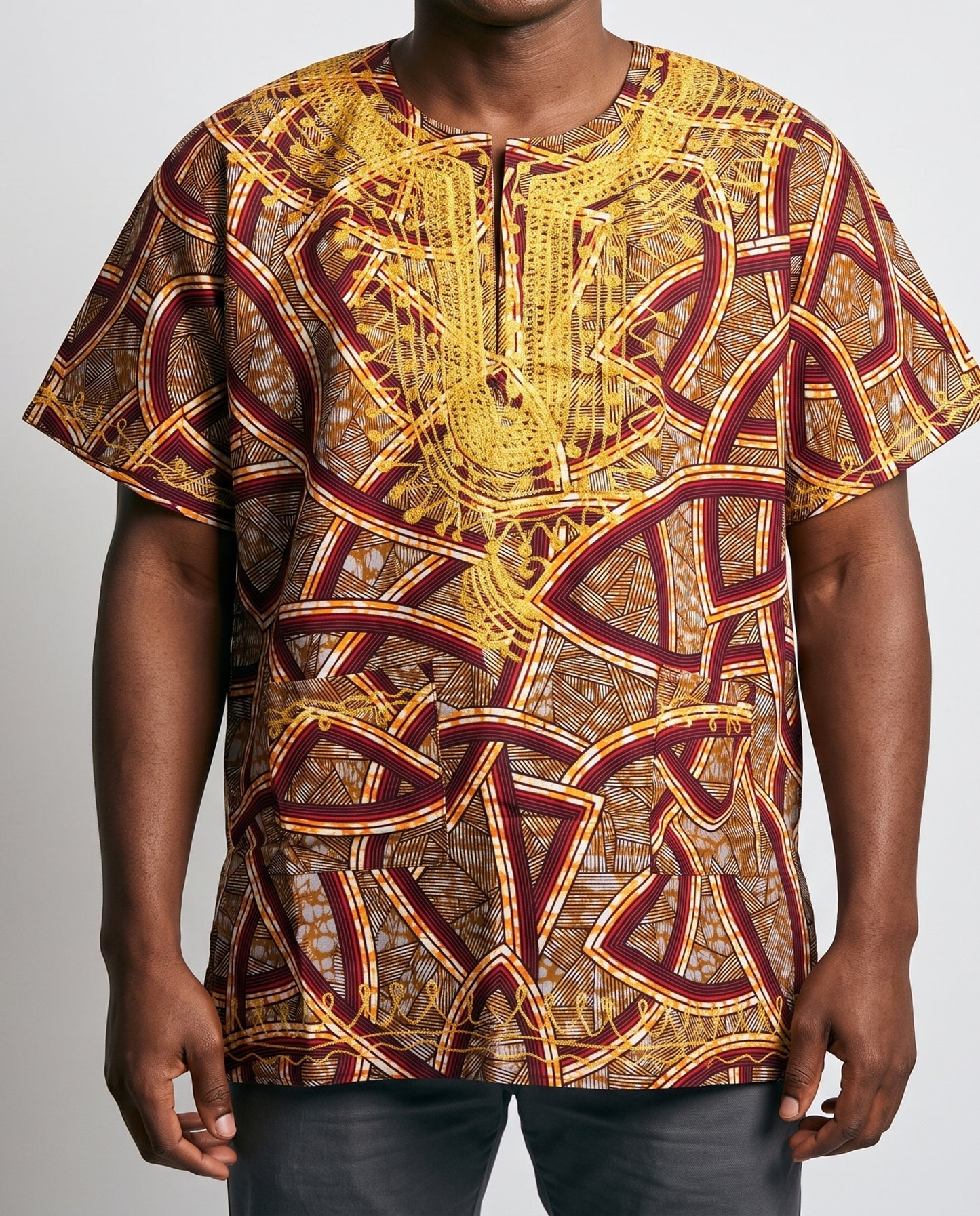 Traditional African Dashiki Shirt – Burgundy, Tan, Gold & Brown