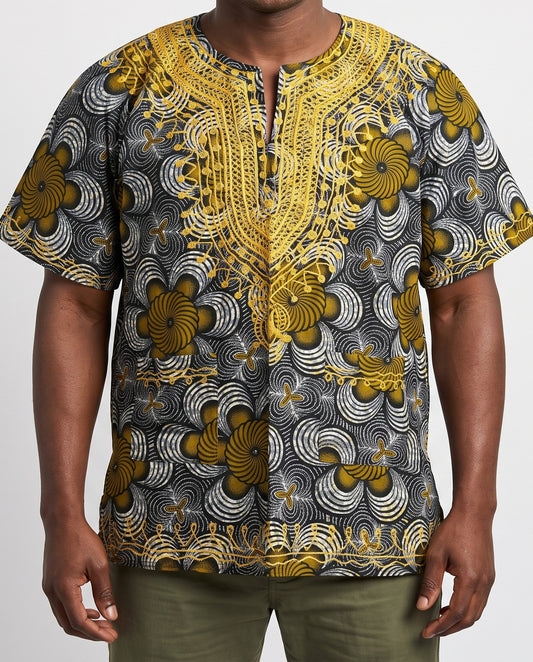 Traditional African Dashiki Shirt – Black, Gray, Gold & White