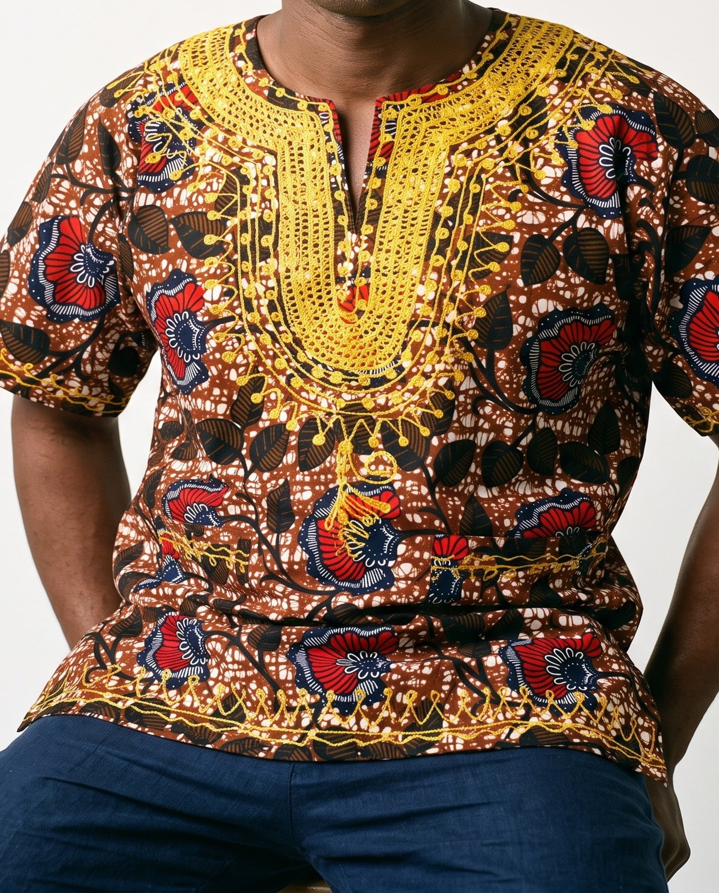 Traditional African Dashiki Shirt – Brown, Red, Gold & Navy