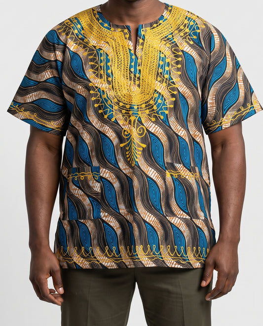 Traditional African Dashiki Shirt – Blue, Tan, Gold & Black