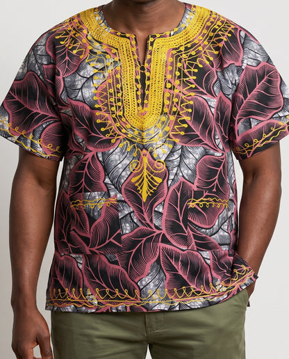 Traditional African Dashiki Shirt – Pink, Gray, Gold & Black