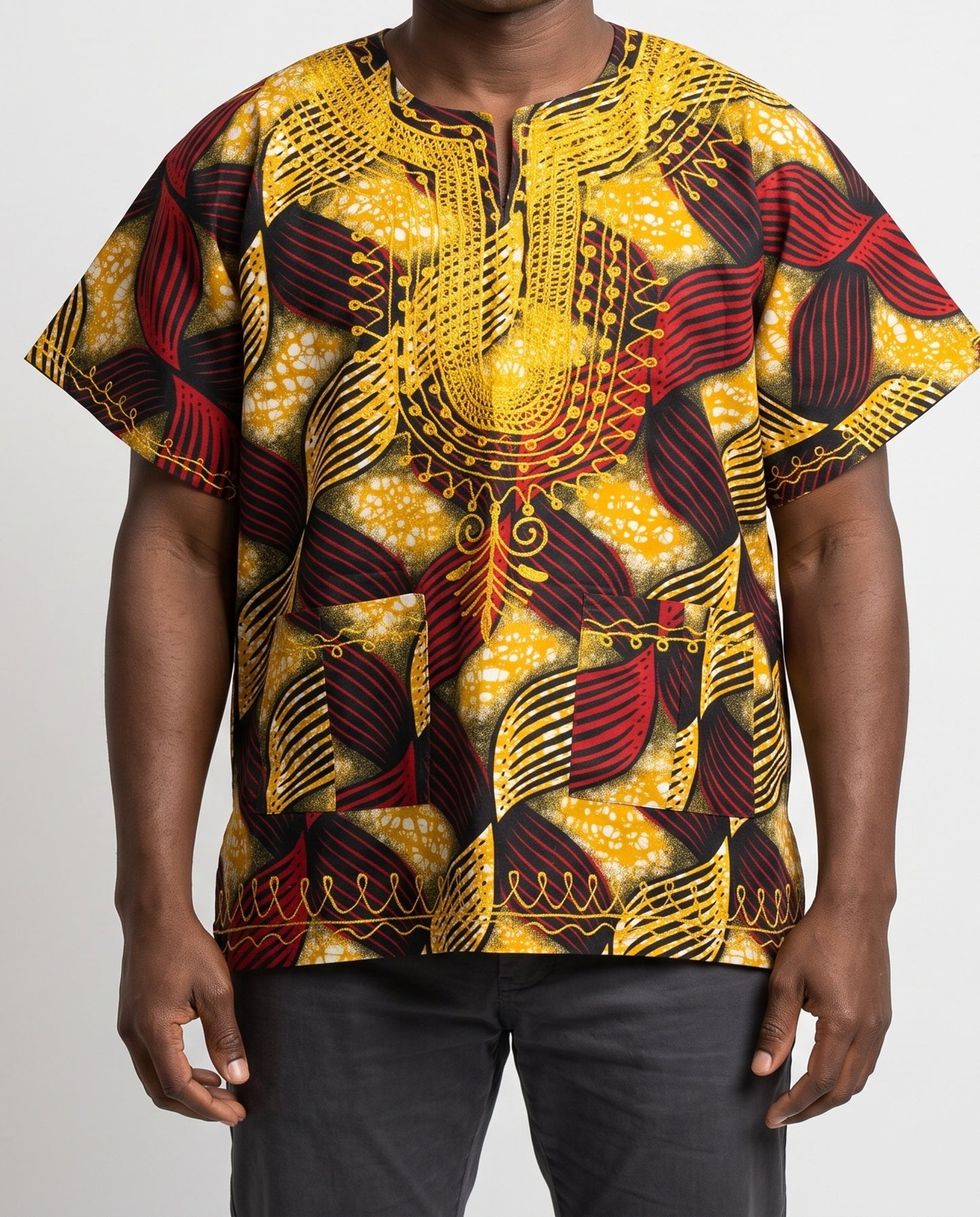 Traditional African Dashiki Shirt – Black, Gold & Burgundy