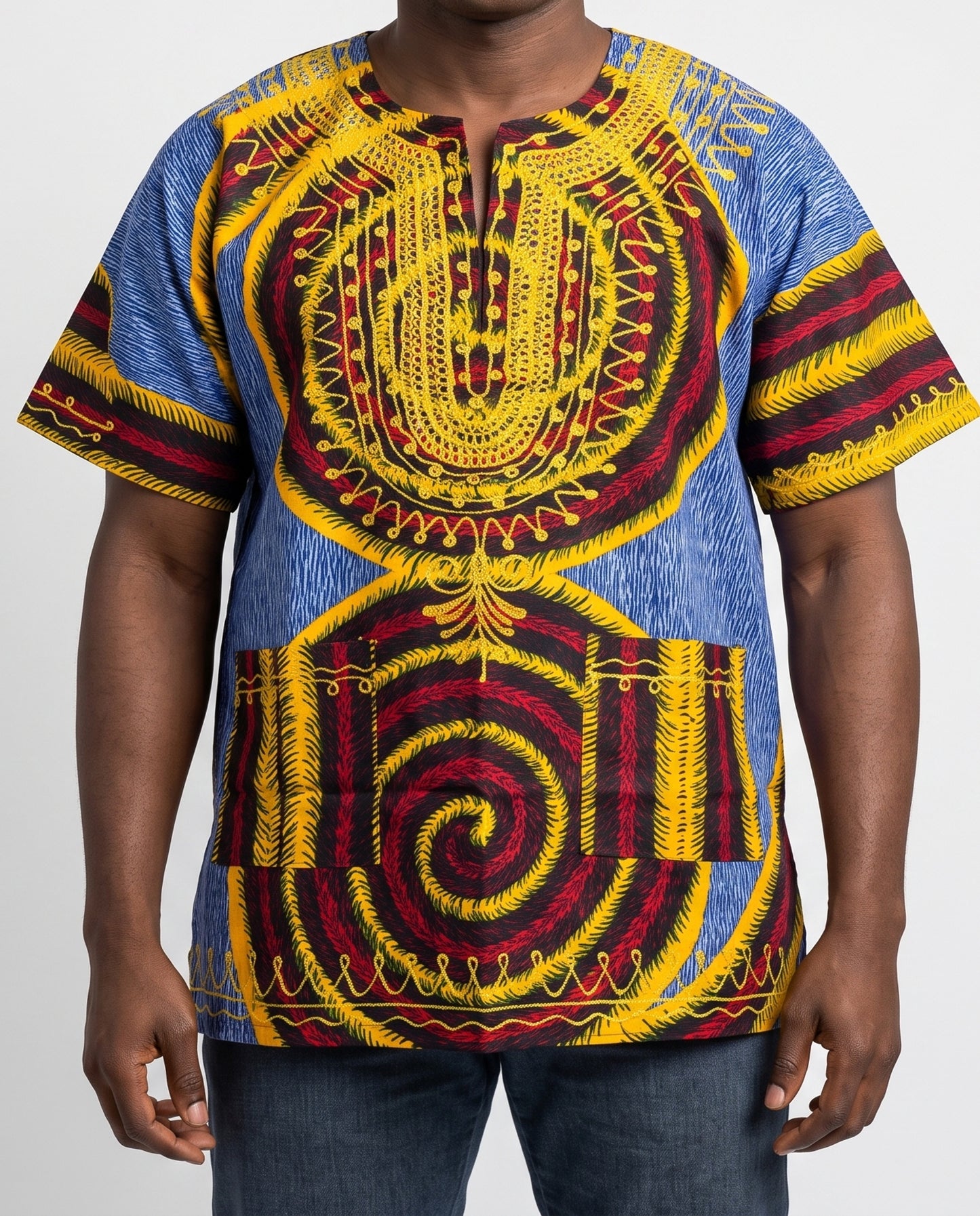 Traditional African Dashiki Shirt – Blue, Gold & Burgundy