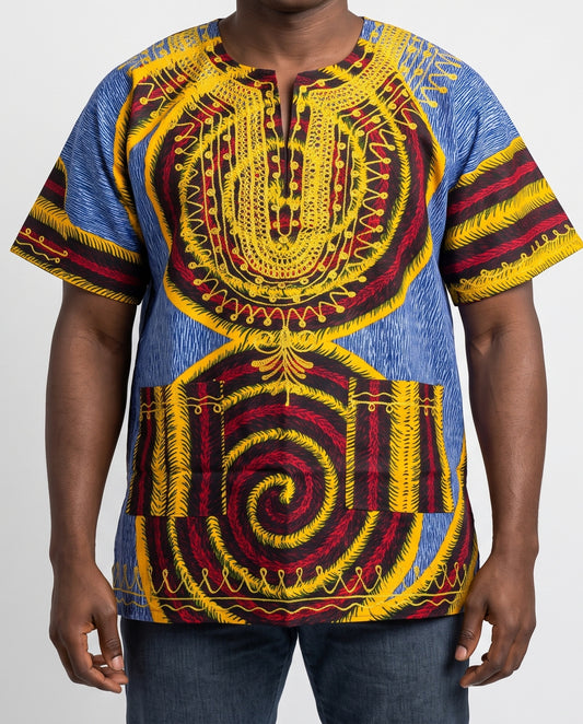 Traditional African Dashiki Shirt – Blue, Gold & Burgundy