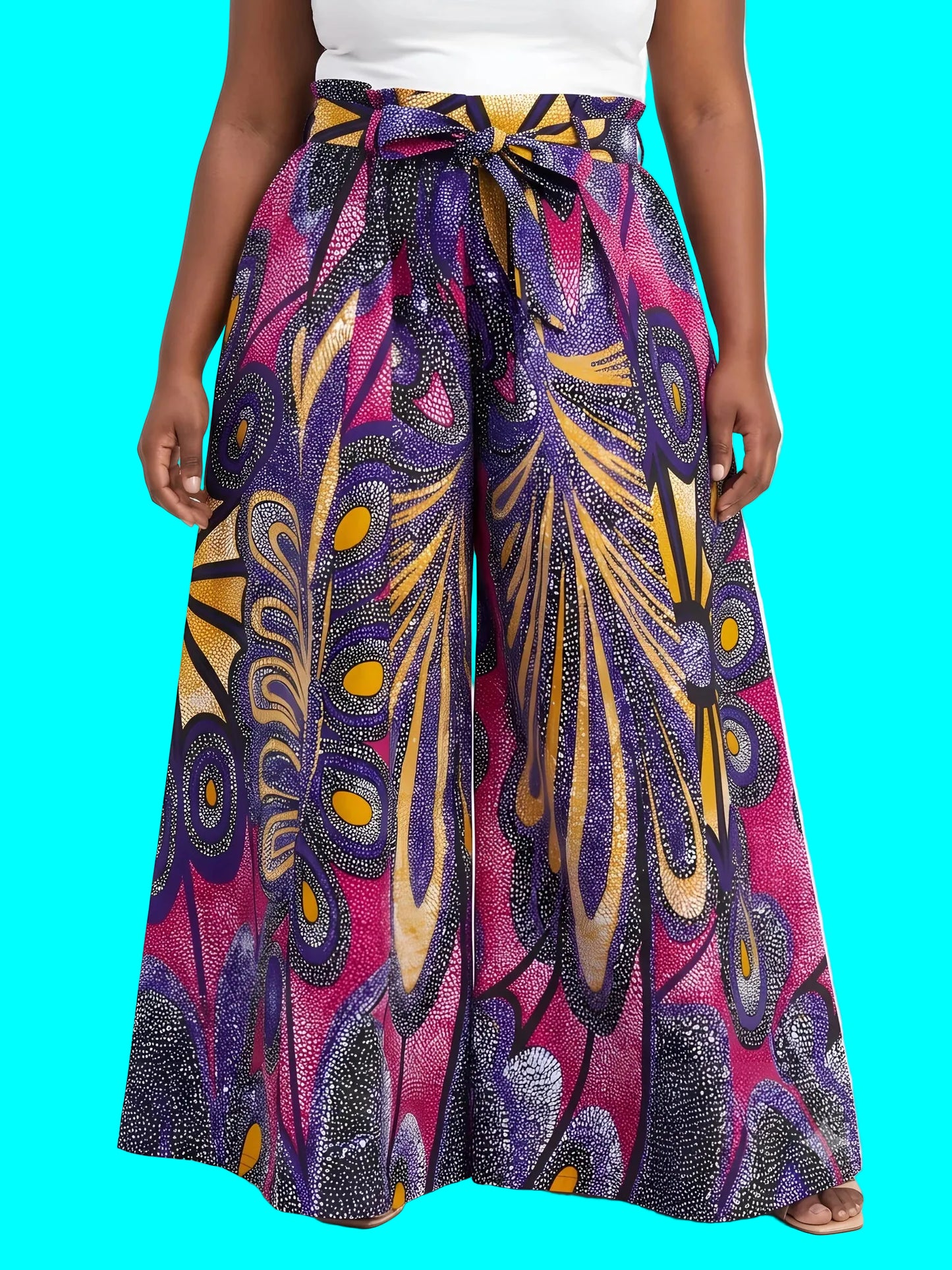 Colorful patterned skirt worn by a person on a white background
