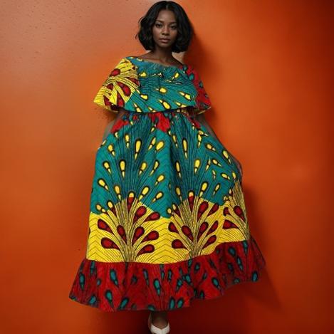 African Mix Color Peacock Print Long Front Frill Dress
