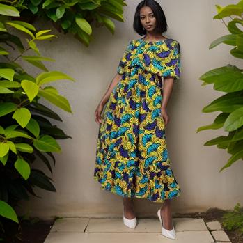 African Floral Print Long Front Frill Dress