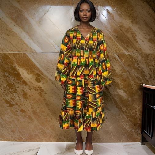 African Kente Print Long Full Sleeve Dress