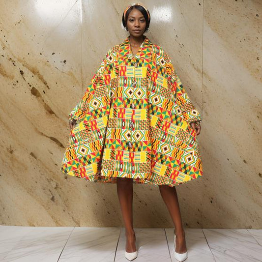 Authentic African Orange Kente Print Big Button Tunic Short Dress Blouse Top