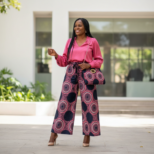 African Pink/Navy Print Palazzo Pants & Bag Set