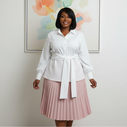 Women’s Plus Size Elegant Button-Down Tie-Waist Blouse – White