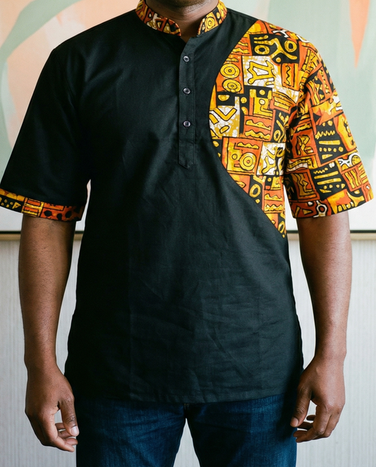 Men's African Tribal Print Half Button Short Sleeve Shirt (L)