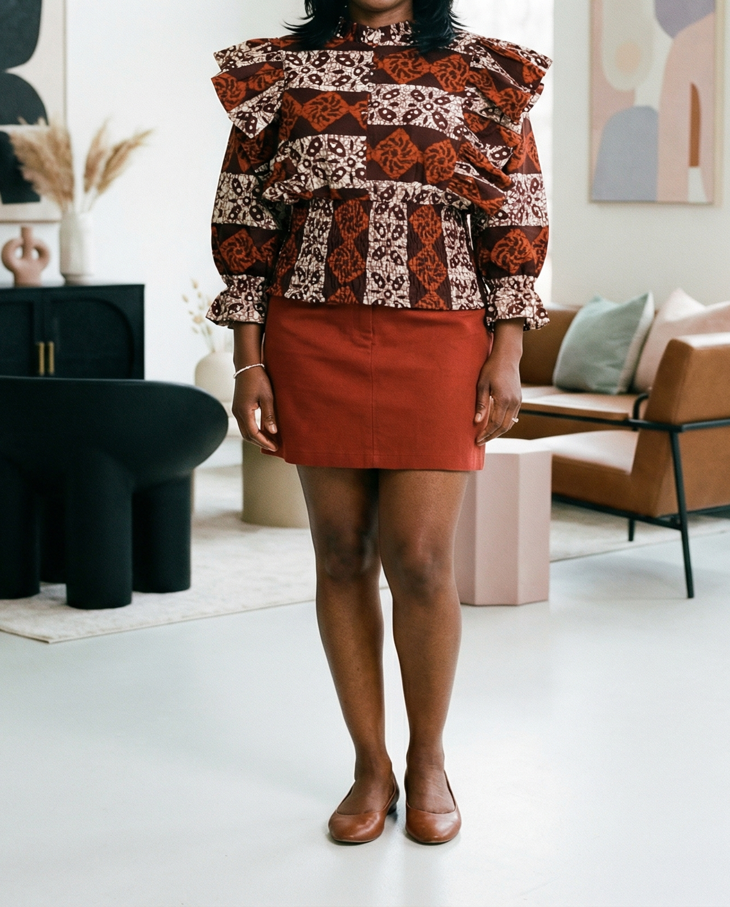 Women's Brown African Print Ruffled Shoulder Peplum Blouse