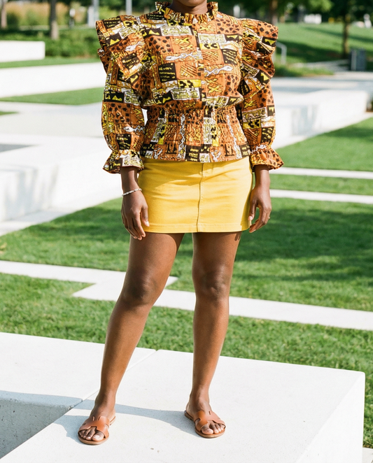 Women's African Print Ruffled Shoulder Peplum Blouse