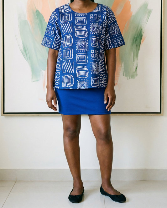 Women's Short Sleeve Royal Blue African Print Top