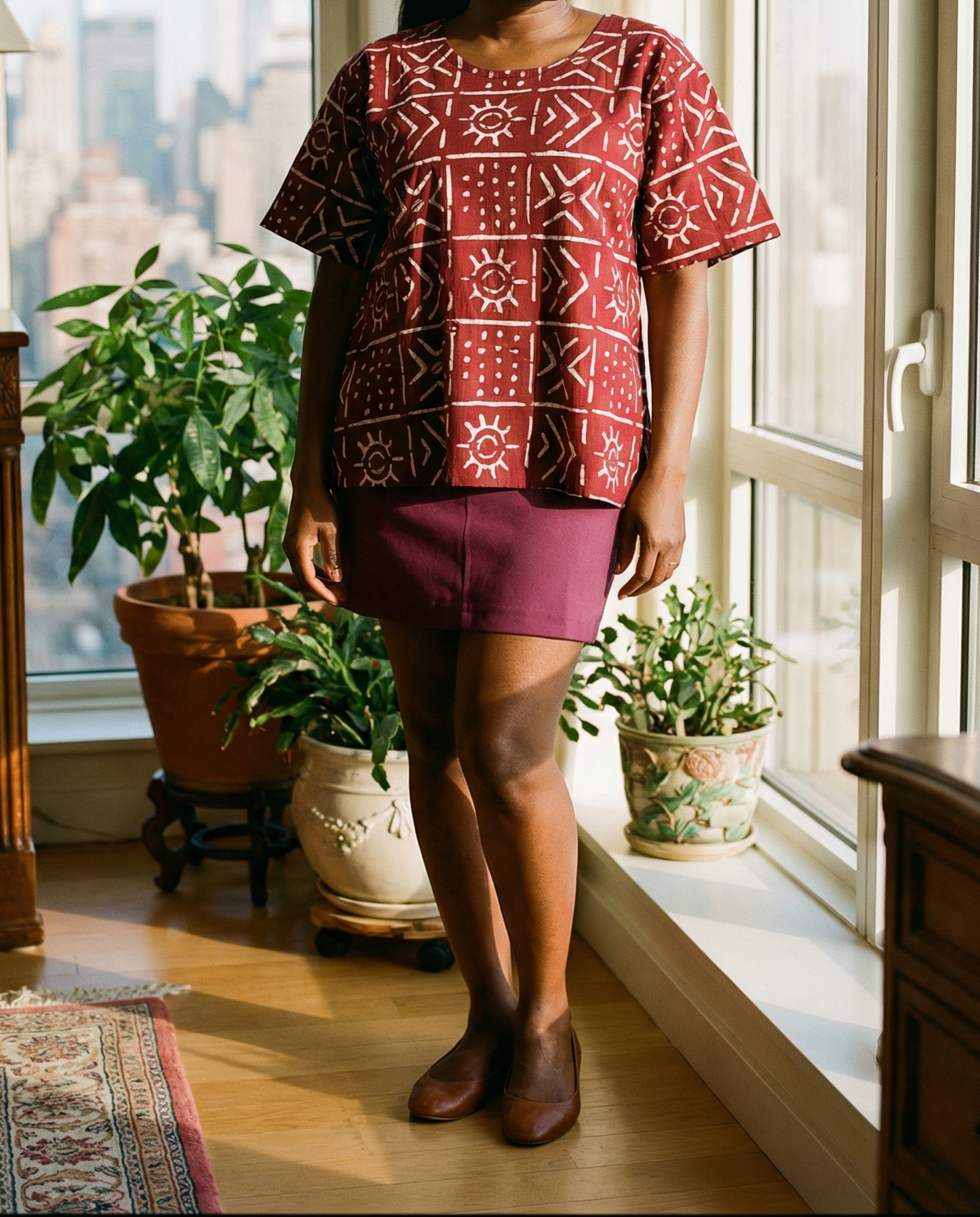 Women's Short Sleeve Burgundy African Print Top