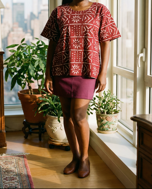 Women's Short Sleeve Burgundy African Print Top