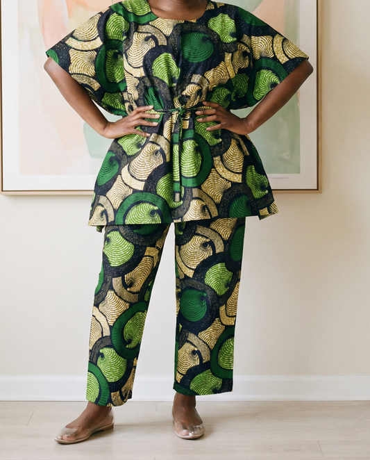 Women's 2-pc Green African Print Waist Tie Top and Pants Set