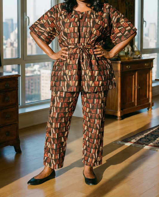 Women's 2-pc Brown/Rust African Print Waist Tie Top and Pants Set