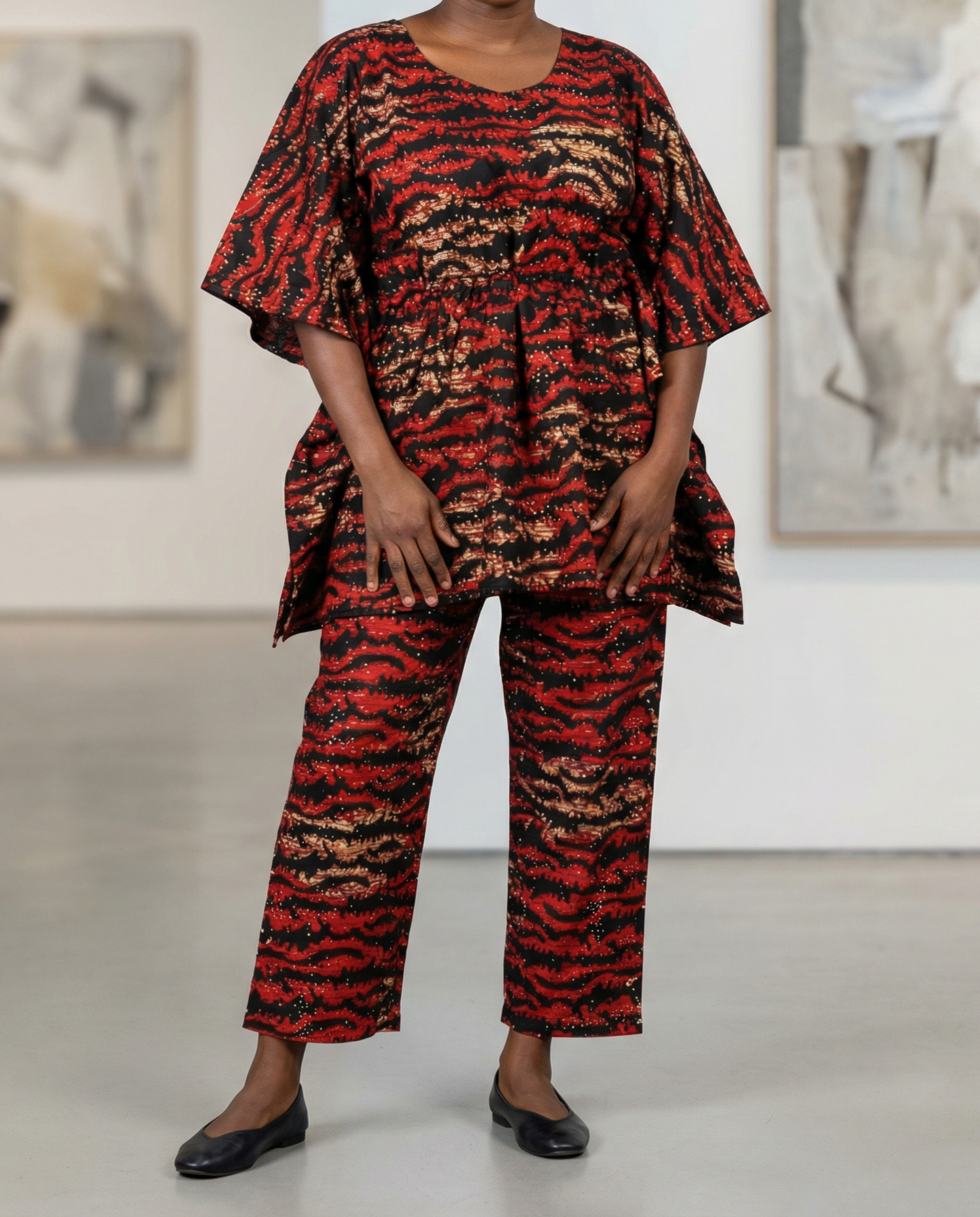 Women's 2-pc Deep Red African Print Waist Tie Top and Pants Set