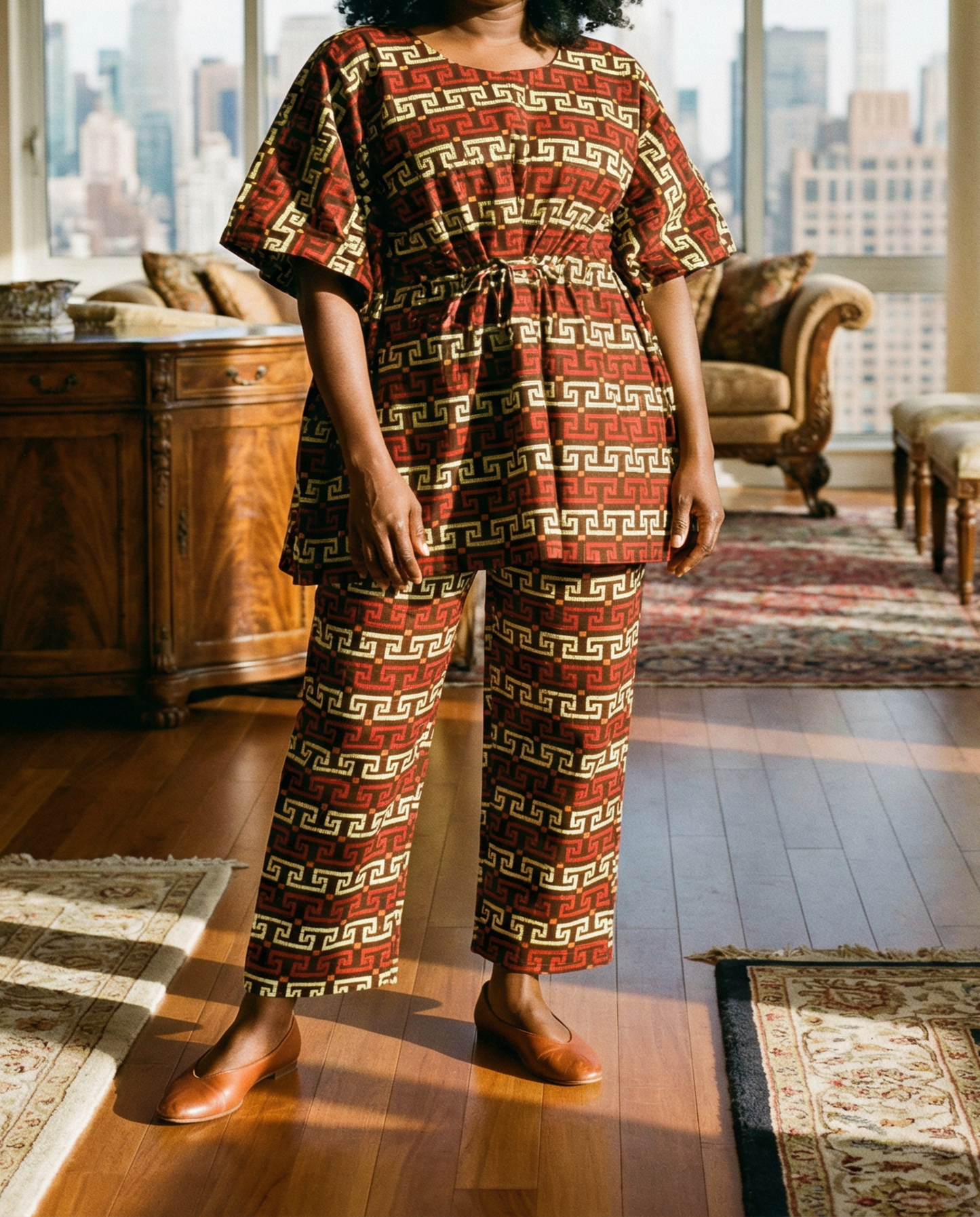 Women's 2-pc Red/Gold African Print Waist Tie Top and Pants Set