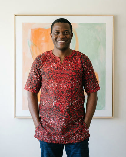 Crimson Royal Print Men’s Dashiki Shirt (Plus Size)