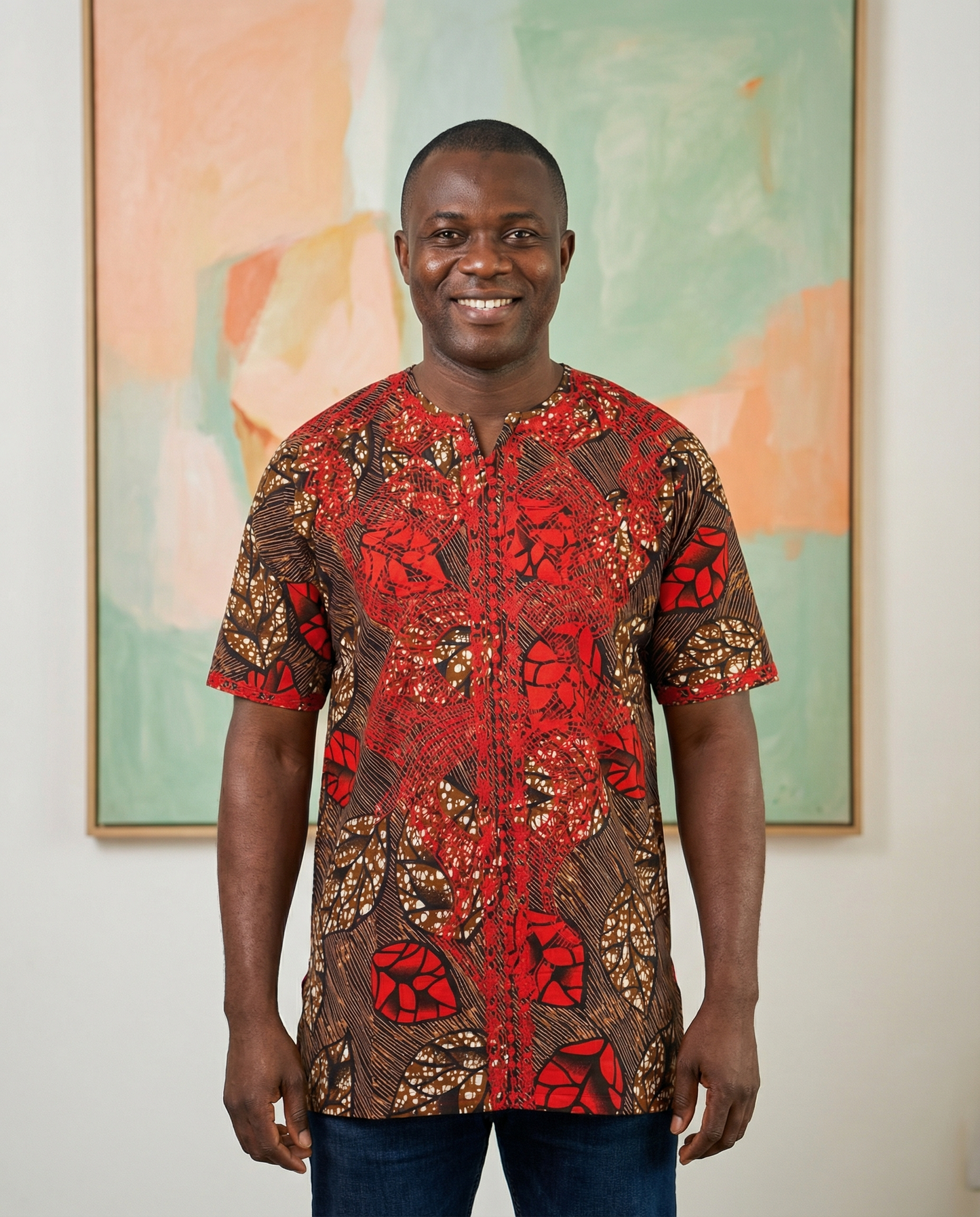 Red Earth Leaf Print Men’s Dashiki Shirt (Medium)