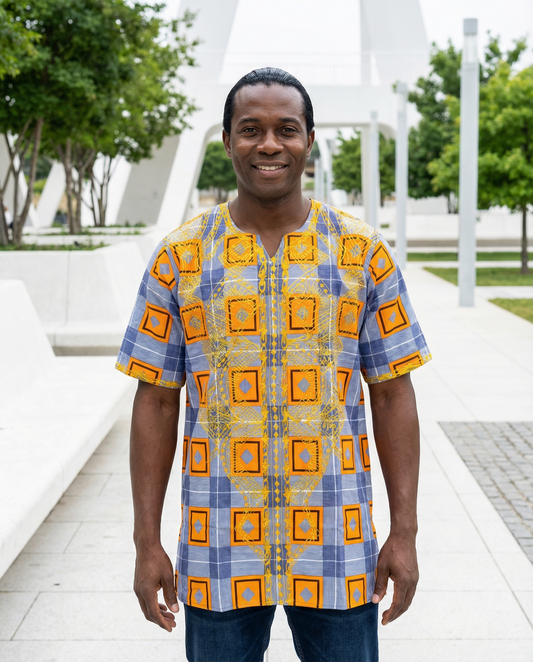 Golden Grid Print Men’s Dashiki Shirt