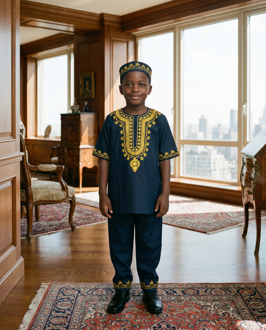 Young Royal Black Gold Embroidered Traditional Boys Set with Matching Kufi