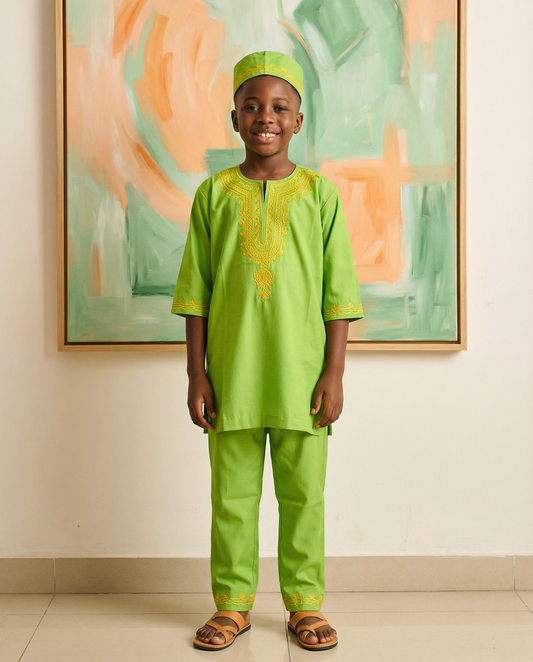 Little Prince Lime Gold Embroidered Traditional Boys Set with Matching Kufi