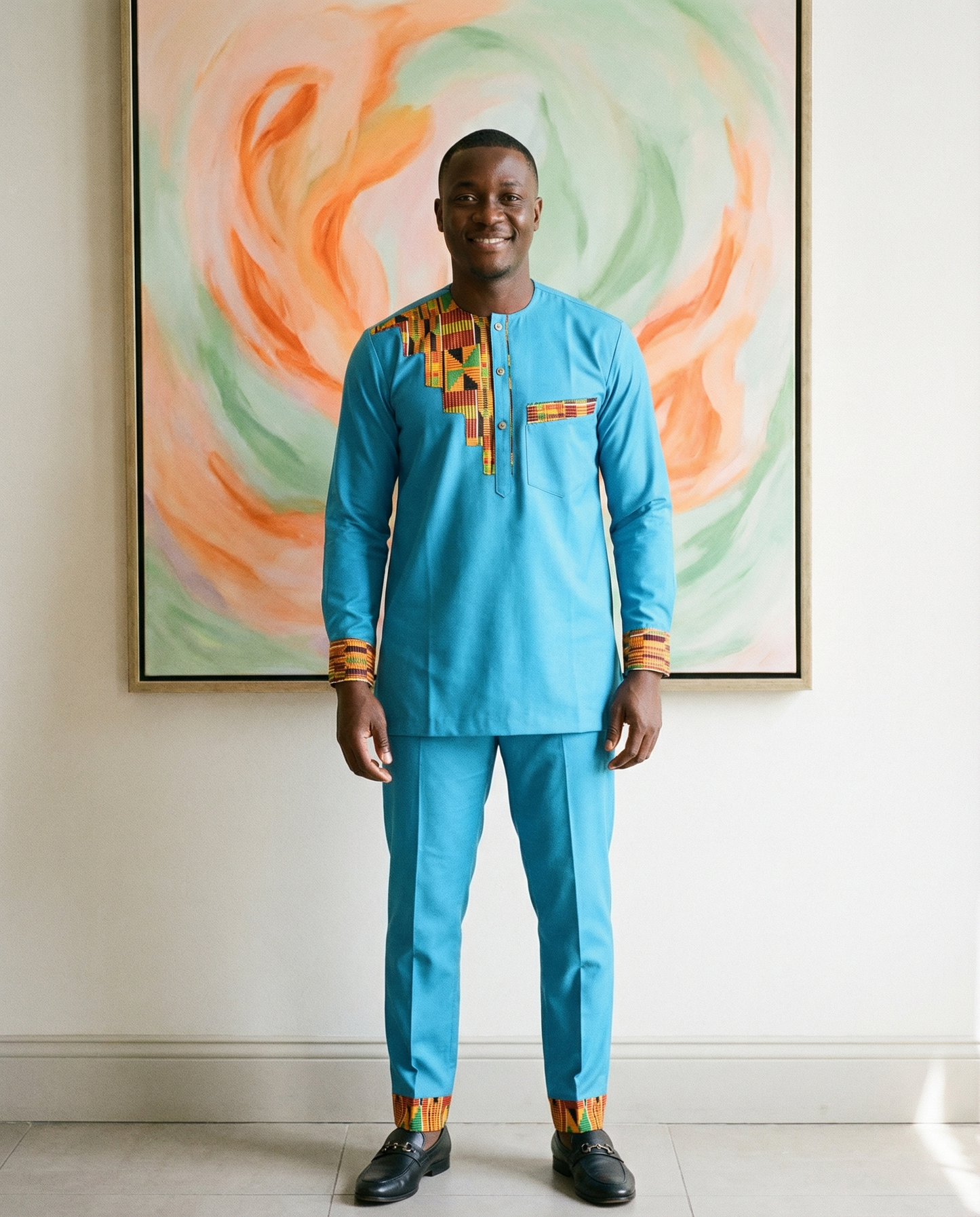 Royal Teal Kente Accent Traditional Men’s 3-Piece Set with Matching Kufi